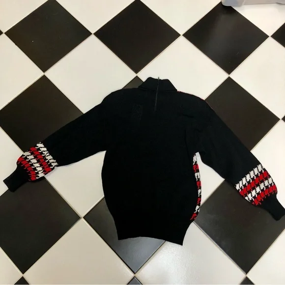 Vintage 80s Lillie Rubin Turtleneck Sweater Houndstooth Black Red Gold Buttons S